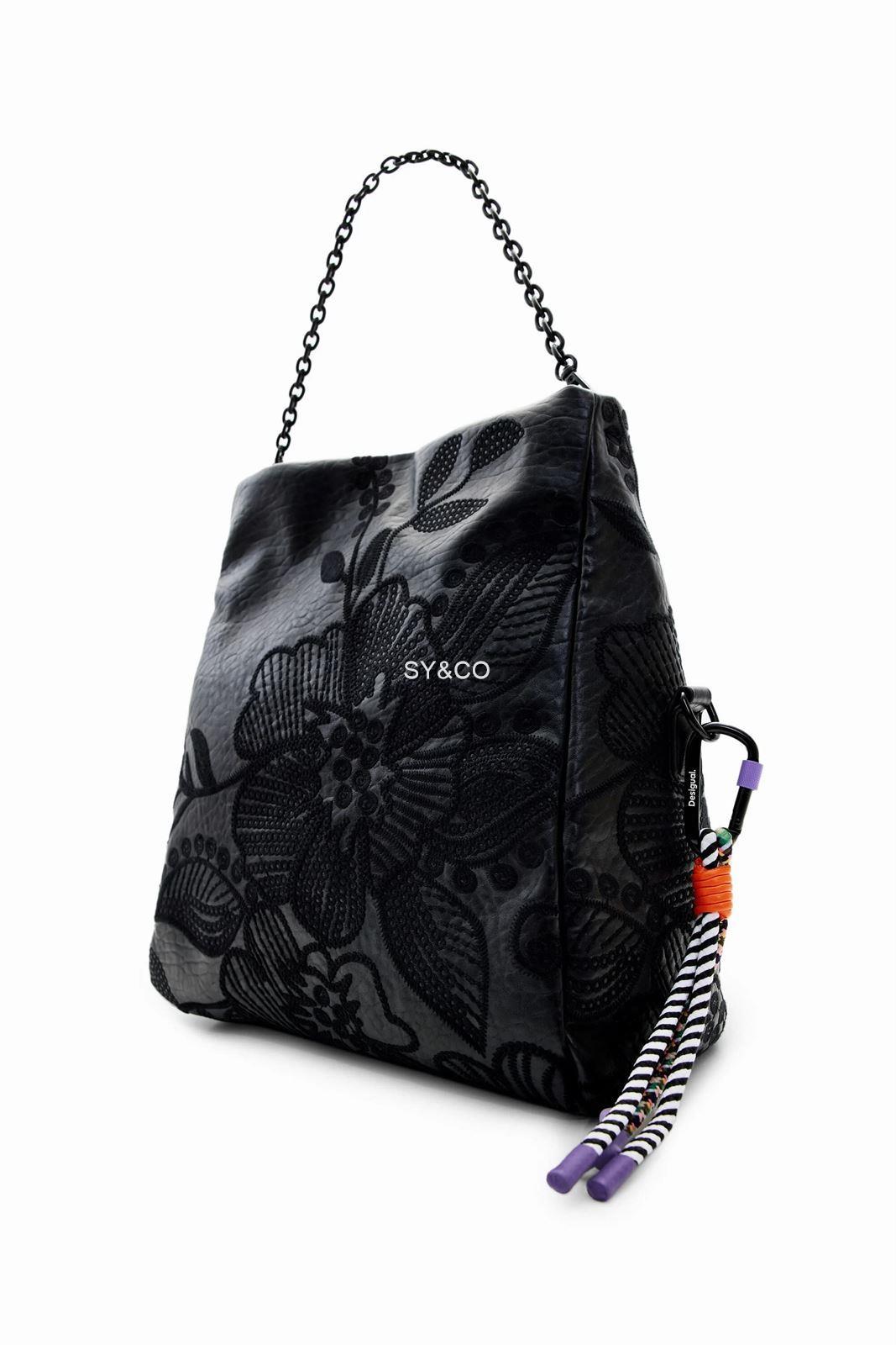 Bolso de mano Desigual negro bordado flores Alpha 23WAXP17 - Imagen 4