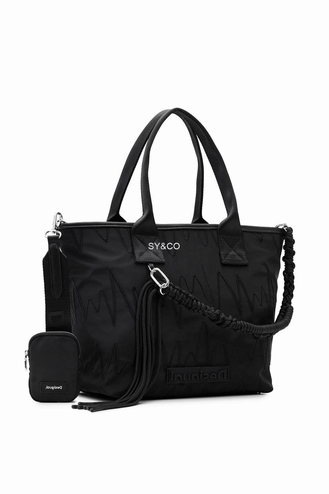 Bolso shopper Desigual nylon negro bordado zigzag 23SAXY24 Bolis - Imagen 1