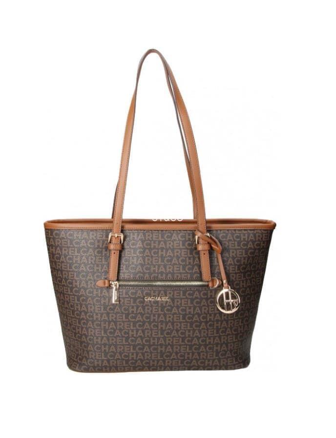 Bolso shopper marron con print logo Cacharel - Imagen 1